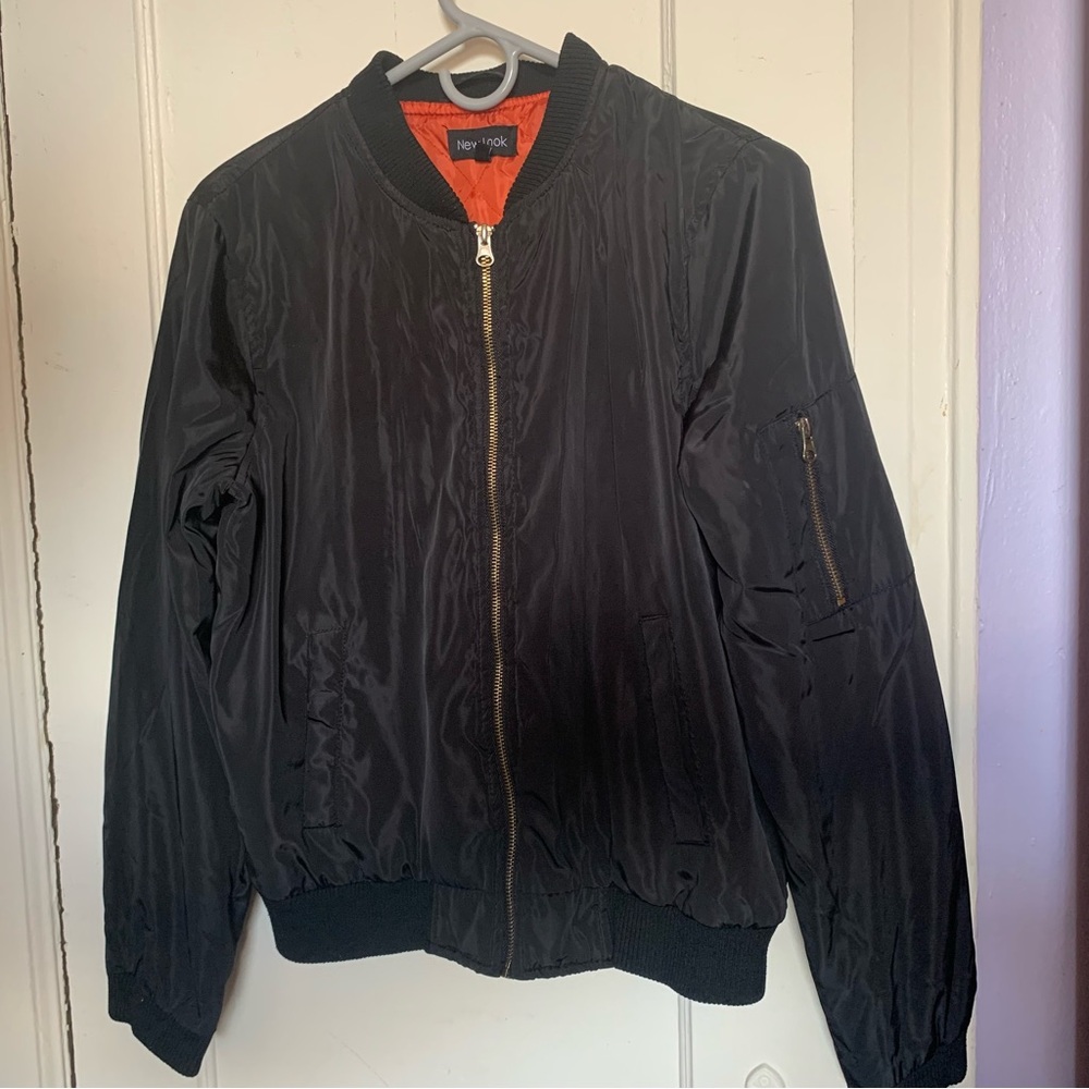 Black Bomber Jacket with Orange Lining| Women’s Black Bomber Jacket | Size Large